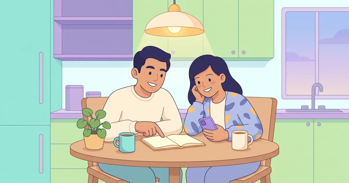 A young couple smiling as they plan their budget together at the kitchen table with a notebook and phone