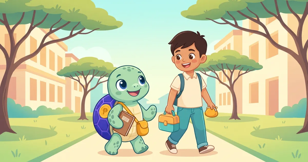 Ponpon the sea turtle walking with a young student on a sunny school path, both carrying notebooks and baon