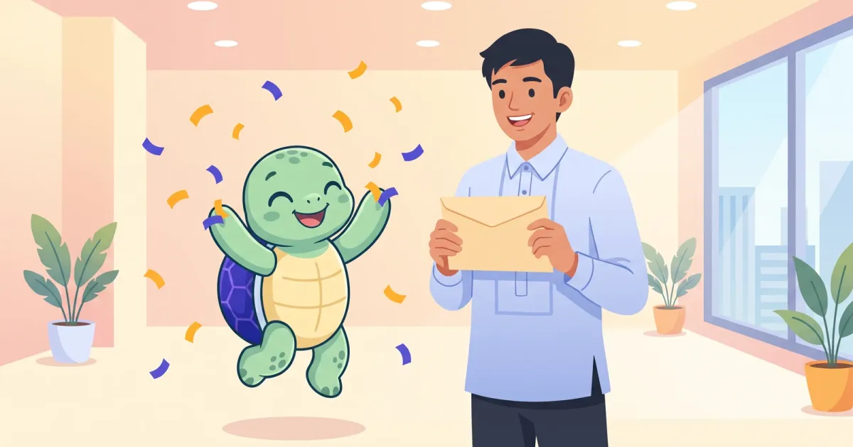 Ponpon the sea turtle celebrating with a fresh graduate holding his first payslip envelope in an office lobby