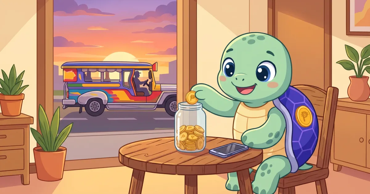 Ponpon the sea turtle dropping a coin into a glass alkansya jar at home, with a jeepney passing outside at sunset