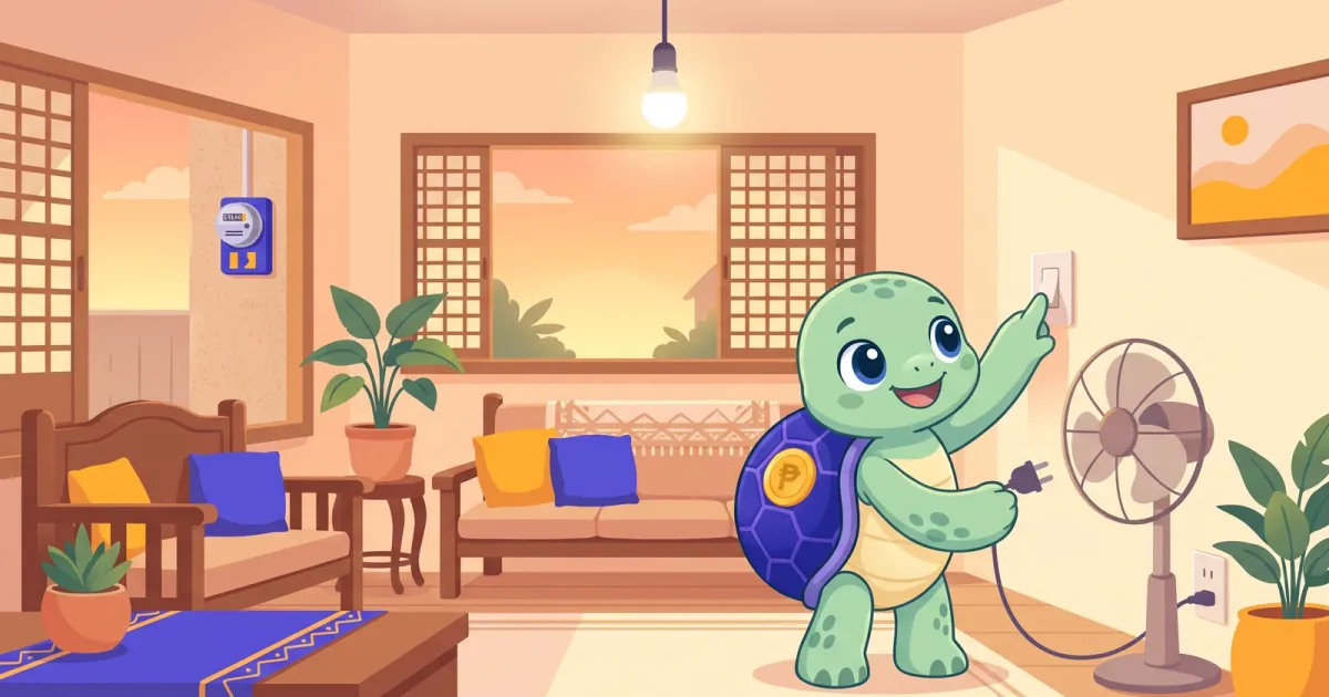 Ponpon the sea turtle switching off a light and unplugging a fan in a cozy living room at dusk