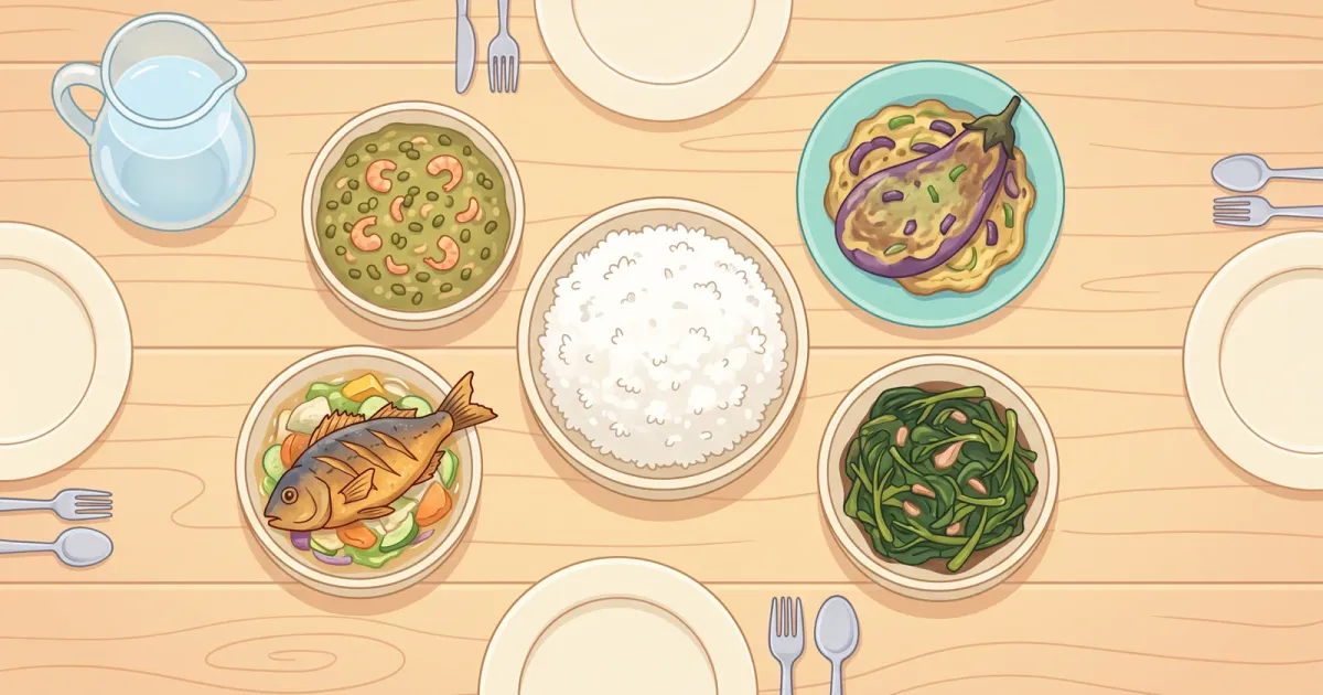 A spread of affordable home-cooked Filipino ulam: monggo, tortang talong, fried fish, chopsuey, adobong kangkong and rice