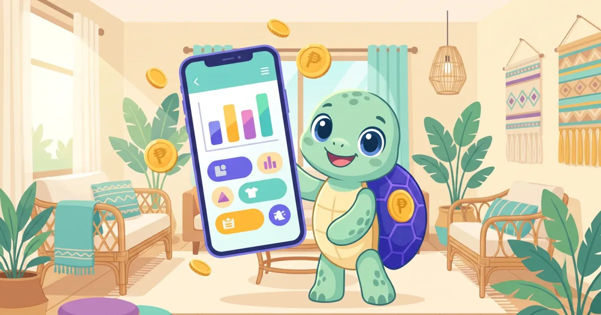 Ponpon the sea turtle holding up a phone showing colorful spending charts in a bright Filipino living room