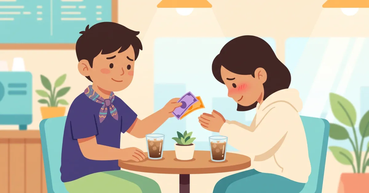 Two friends at a coffee shop, one handing folded peso bills to the other who looks grateful and a little embarrassed