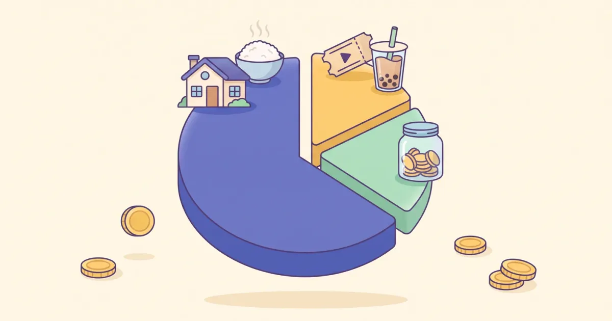 A friendly pie chart split into needs, wants and savings with small icons of a house, milk tea and a coin jar