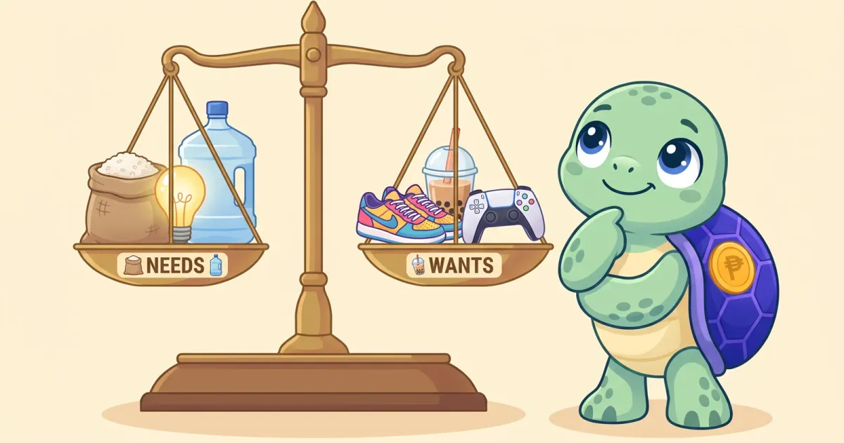 Ponpon the sea turtle thinking beside a balance scale with rice, water and a bulb on one side and sneakers, milk tea and a game controller on the other