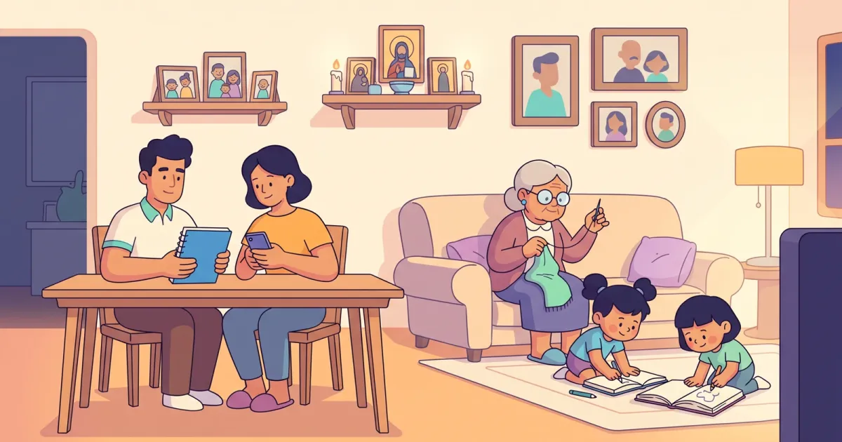 A multi-generational Filipino family at home, parents planning the budget while the grandmother sews and kids do homework