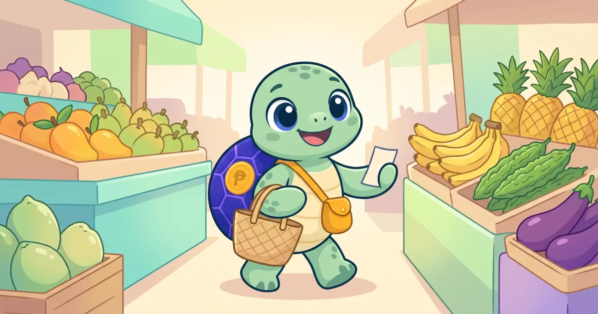 Ponpon the sea turtle walking through a sunny palengke with a bayong bag and a short shopping list