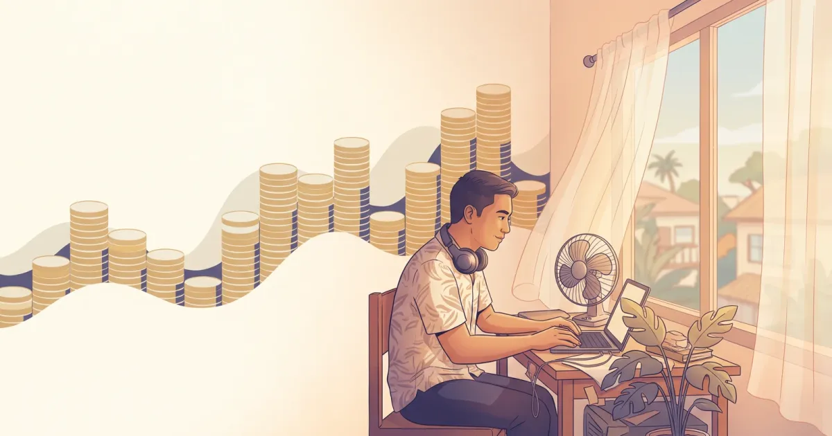 A Filipino freelancer working at a home desk with a fan, with uneven stacks of coins rising and falling behind him