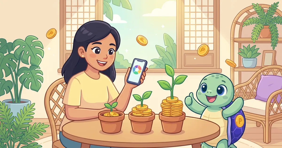 Cartoon of a young Filipina growing three small coin plants at home while Ponpon the sea turtle gives a thumbs-up