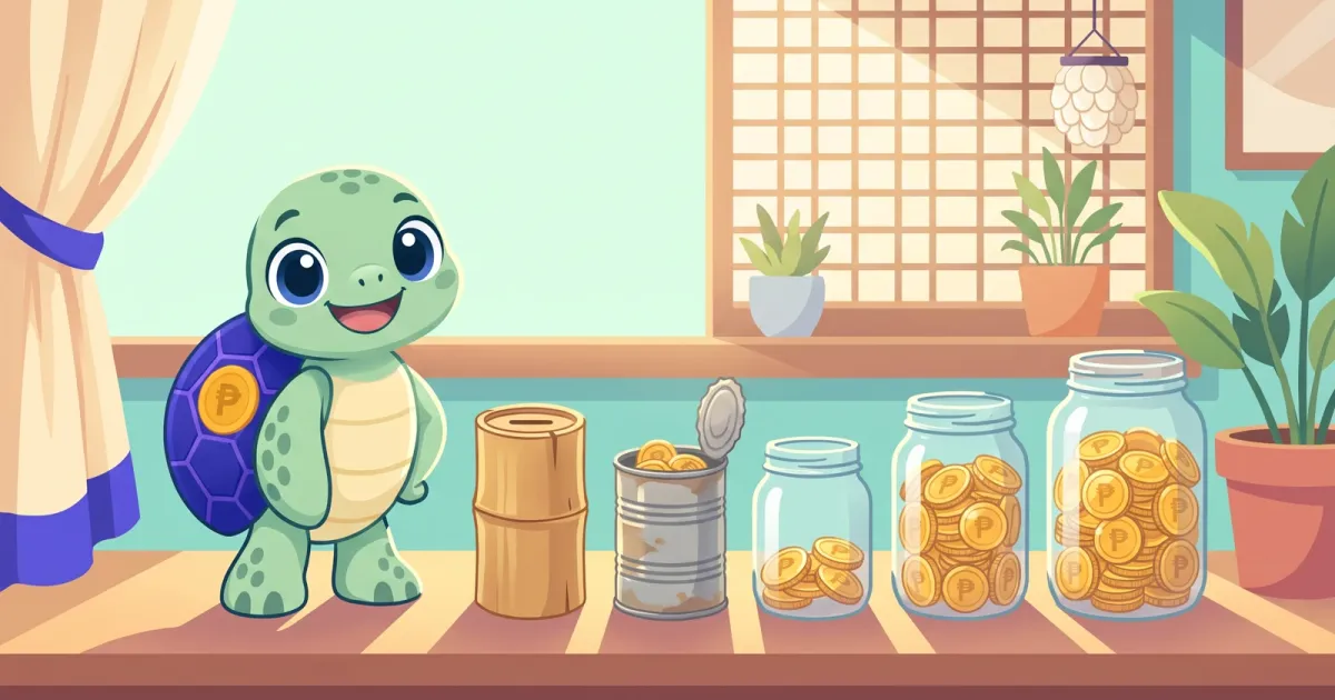 Ponpon the sea turtle next to a row of alkansya and glass jars filling up with gold coins on a sunny windowsill