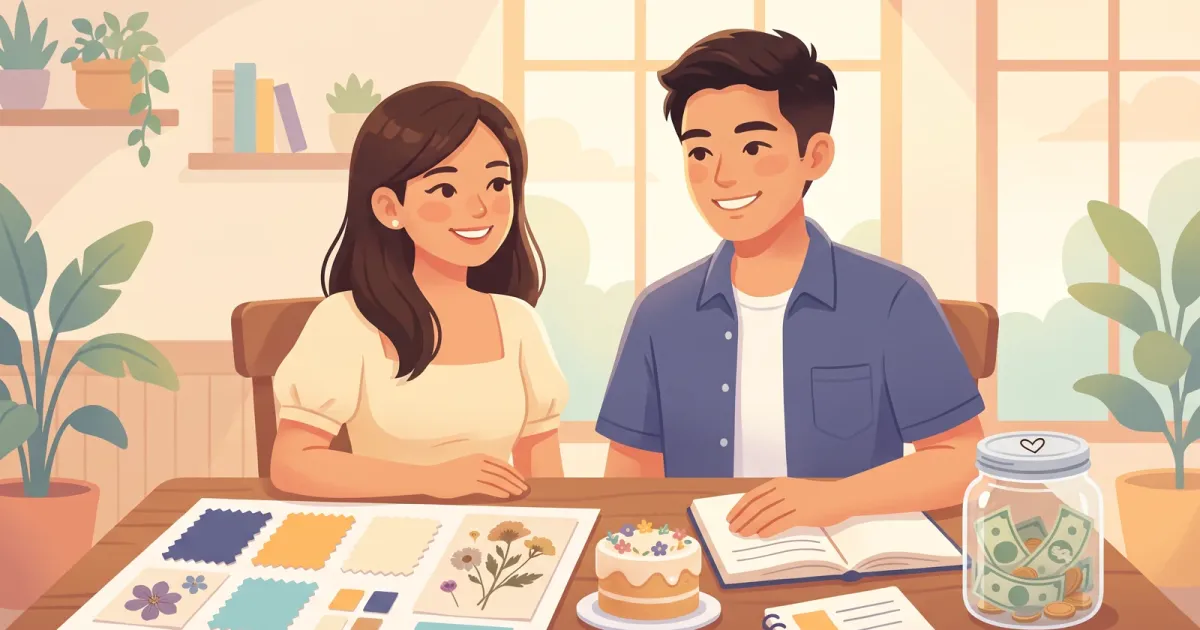 A young couple planning their wedding at a café table with swatches, flowers, a cake sample and a savings jar