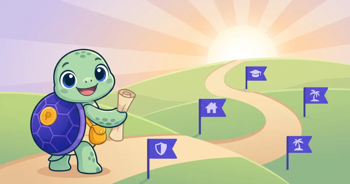 Ponpon the sea turtle at the start of a winding path over green hills toward the sunrise, with milestone flags along the way