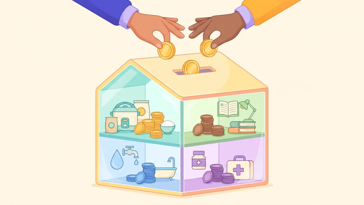 A house-shaped container divided into rooms, each holding coins for food, water, school and medicine