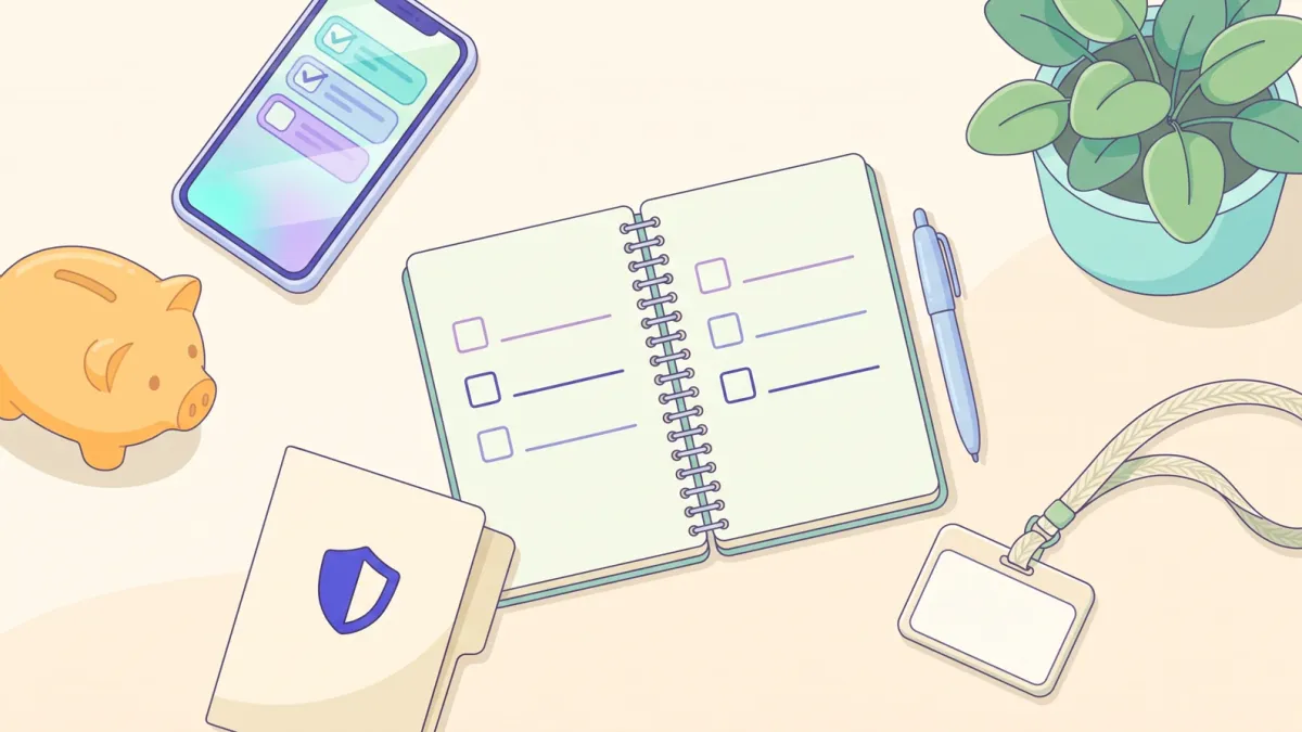 A desk flat-lay with an ID lanyard, a checklist notebook, a phone, a piggy bank and a benefits folder