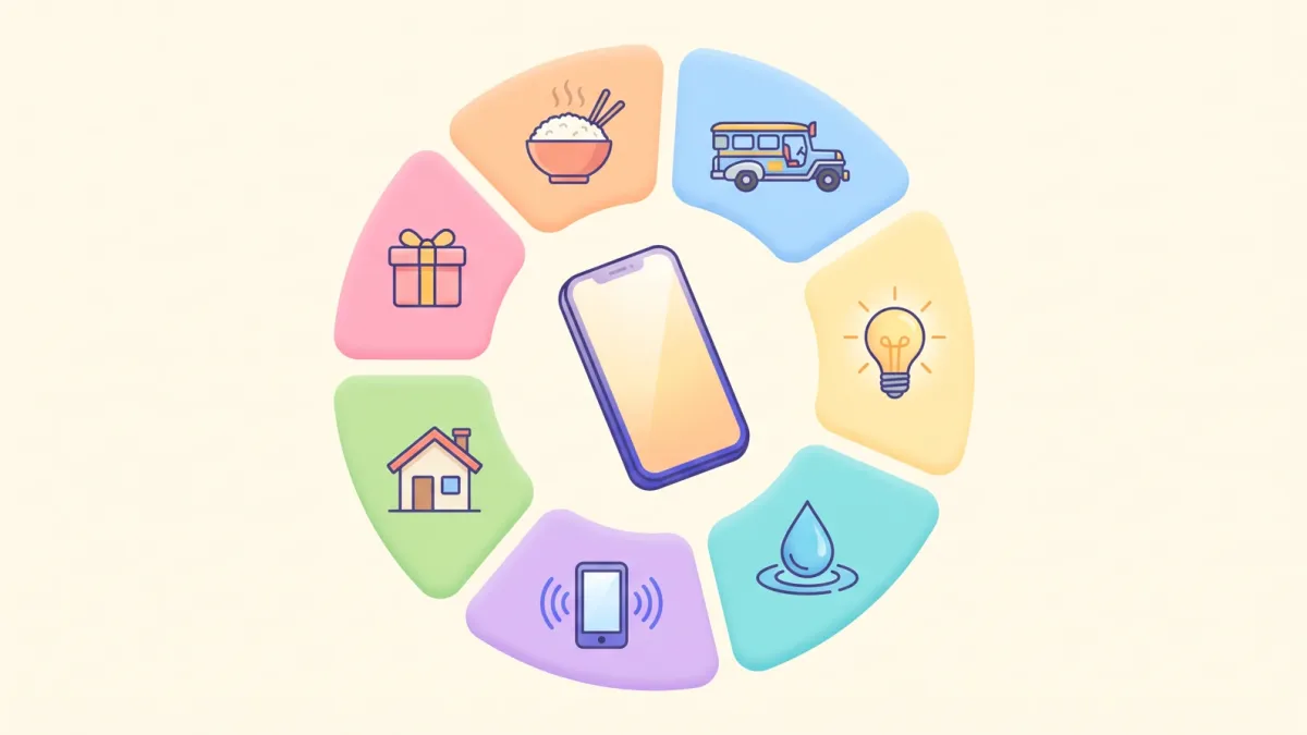 A phone surrounded by spending category icons for food, jeepney fare, electricity, water, load, rent and gifts