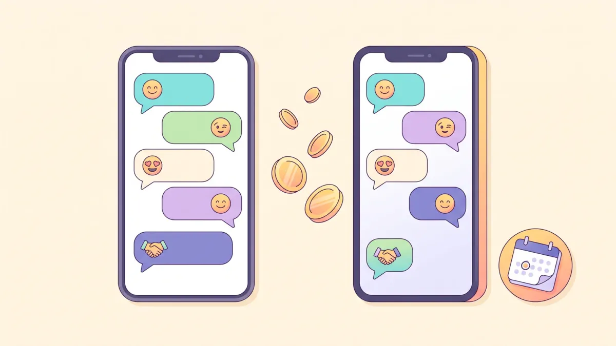 Two phones side by side showing a friendly chat with handshake icons and a circled date on a small calendar