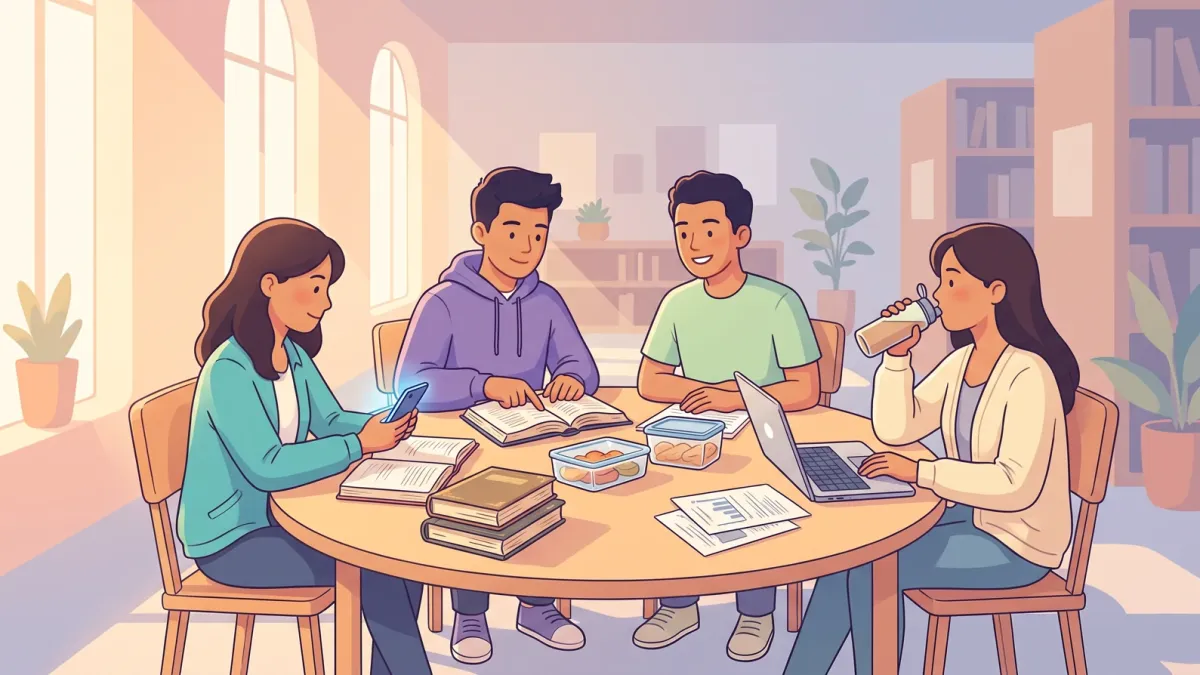 College students studying together at a library table with secondhand books, handouts and packed snacks