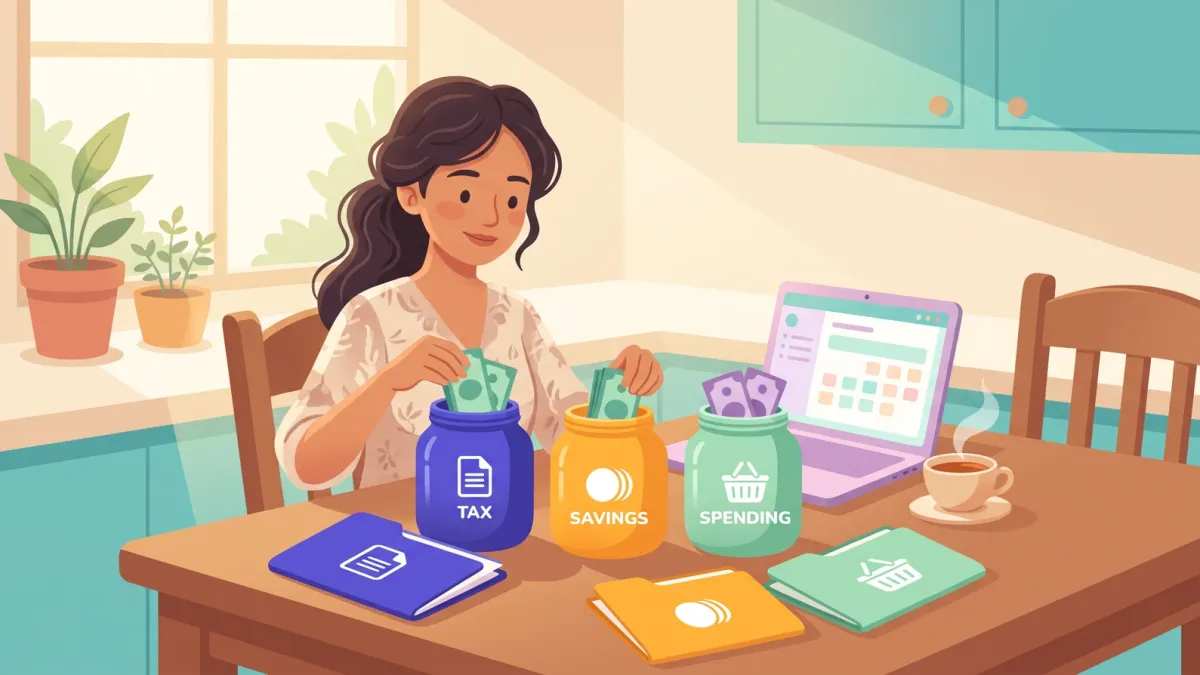 A freelancer sorting a payment into separate jars and folders for tax, savings and spending at her kitchen table