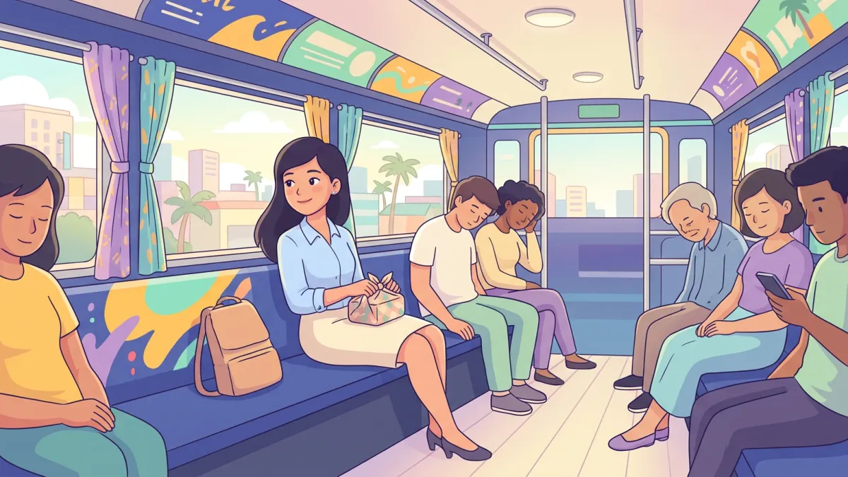 A young Filipina commuter on a jeepney holding her packed baon lunch, smiling calmly