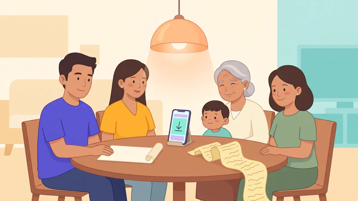 A family at the dinner table looking relieved at a smaller electricity bill next to an older, bigger one