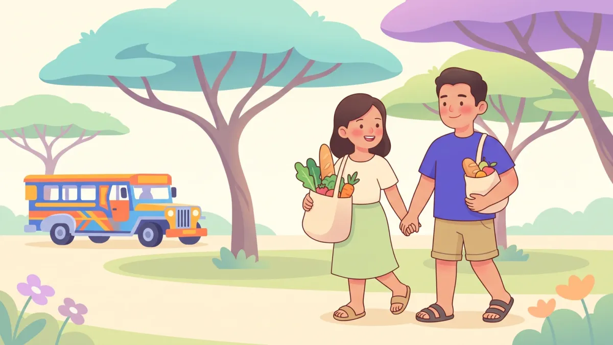 A couple walking hand in hand through a park carrying grocery bags on a weekend afternoon