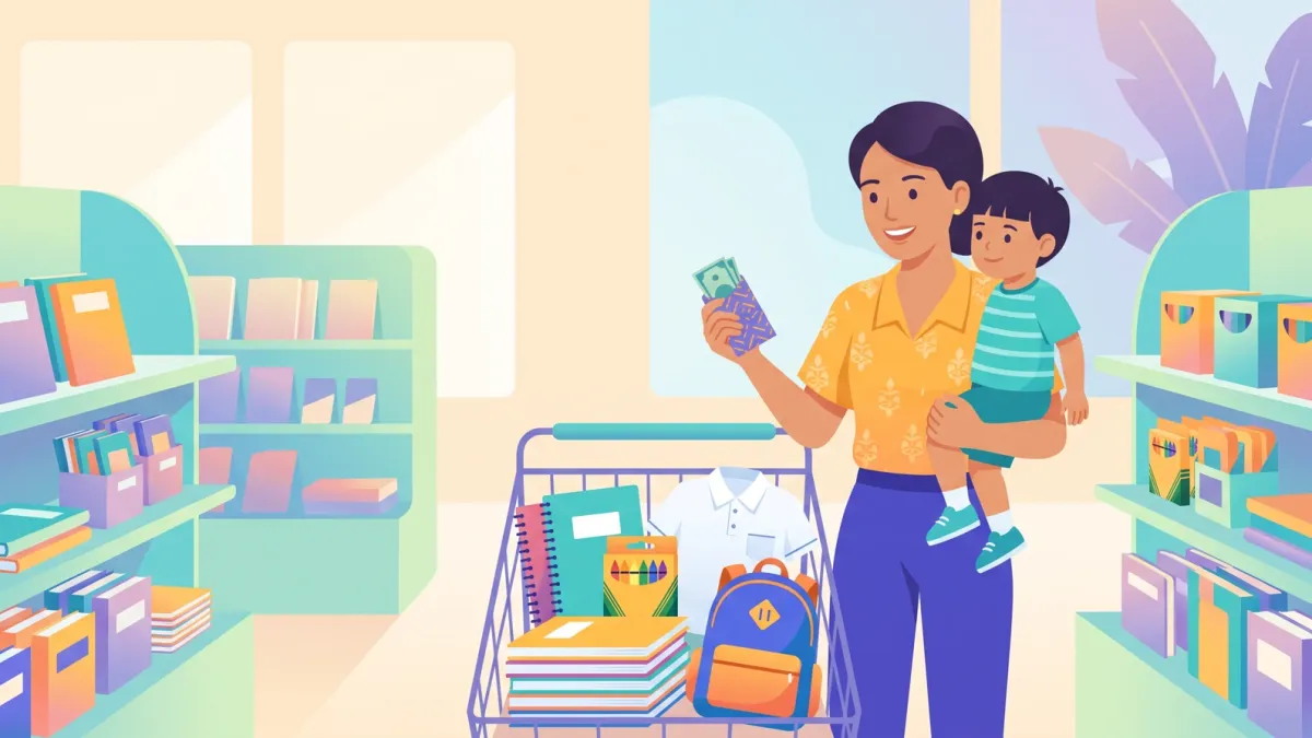 A mother and her son calmly buying school supplies and a new uniform