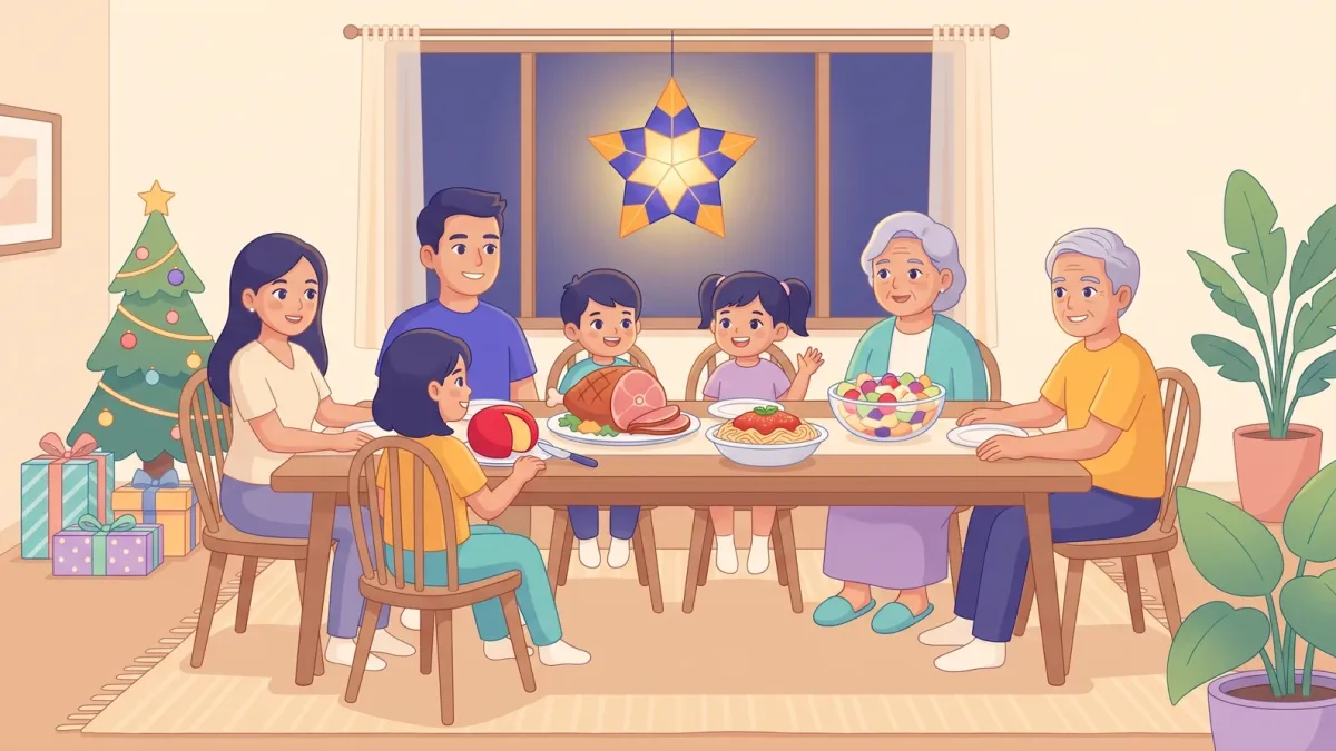 A relaxed Filipino family enjoying noche buena with a parol glowing in the window