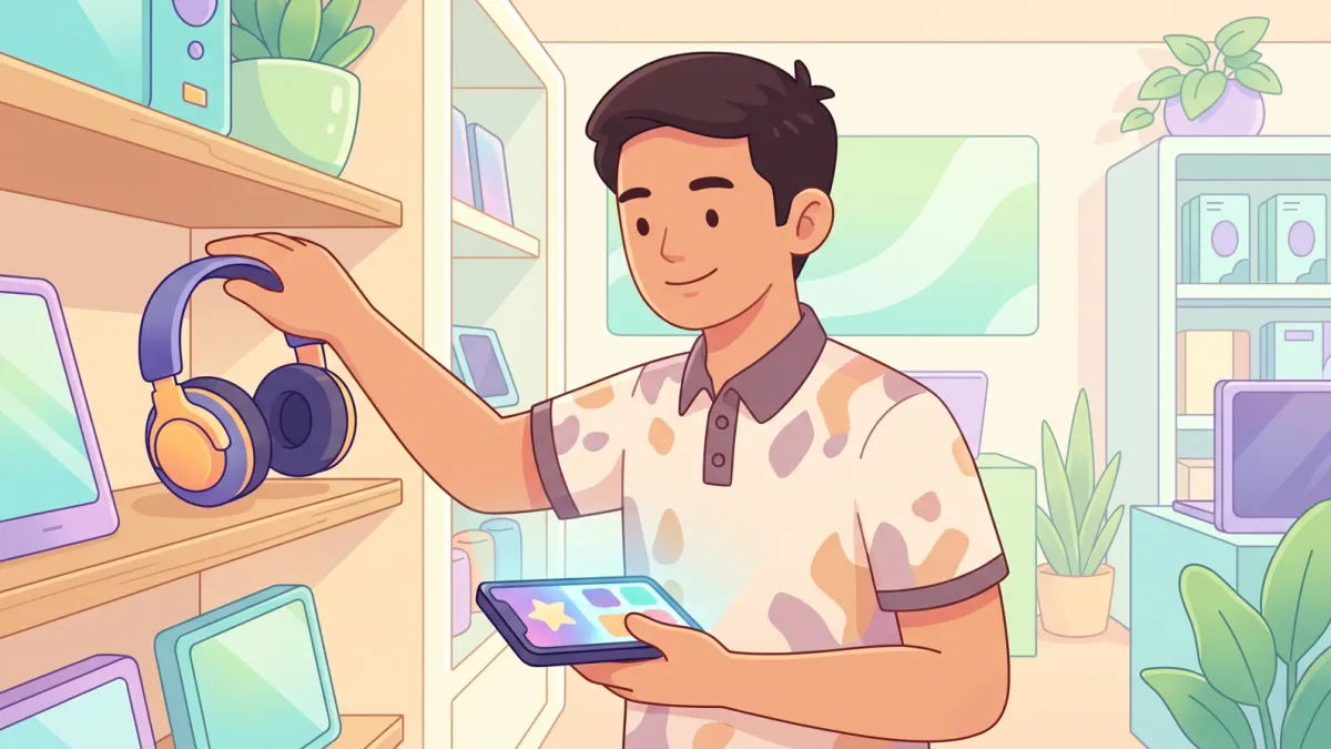 A young man in a store putting headphones back on the shelf and adding them to a wishlist on his phone