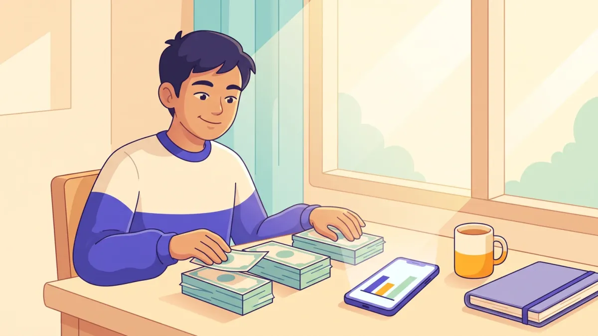 A young employee dividing payday cash into three stacks of different heights with a phone and coffee on the table
