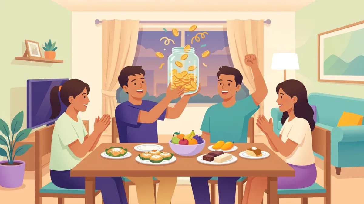 A group of Filipino friends cheering as one of them holds up a jar full of coins