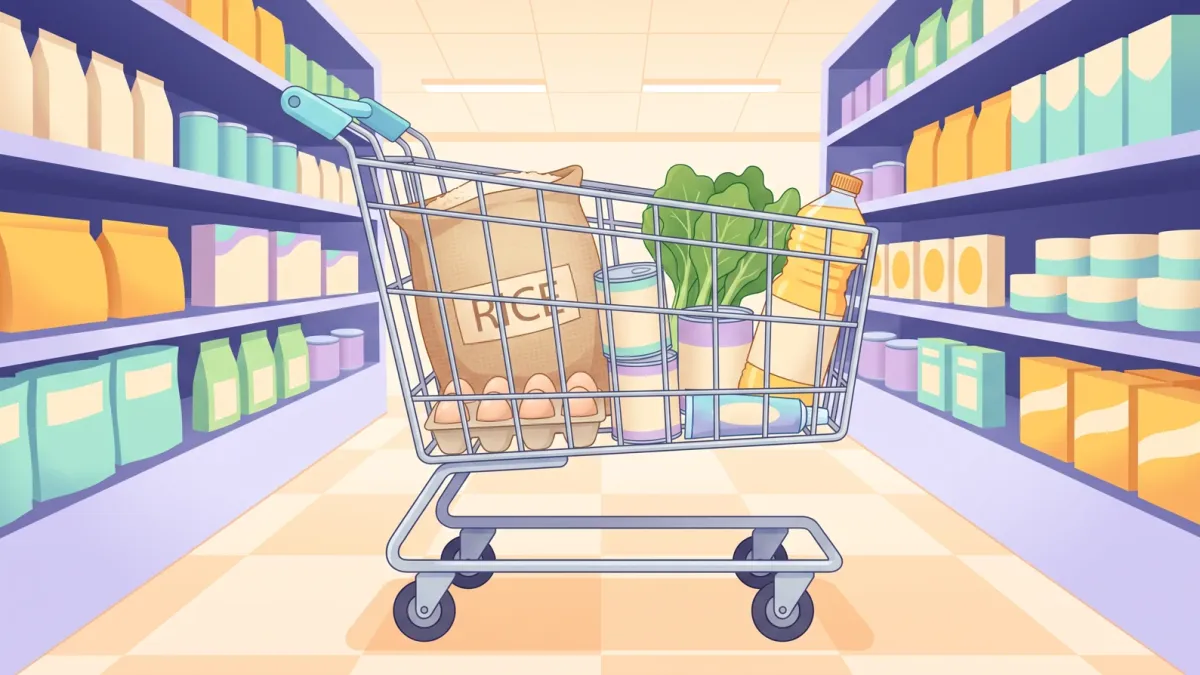 A grocery cart filled only with essentials like rice, eggs, canned fish, vegetables, oil and soap
