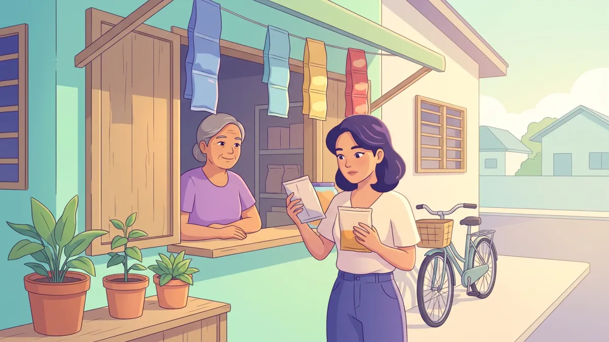 A young woman at a neighbourhood sari-sari store thoughtfully choosing between two items