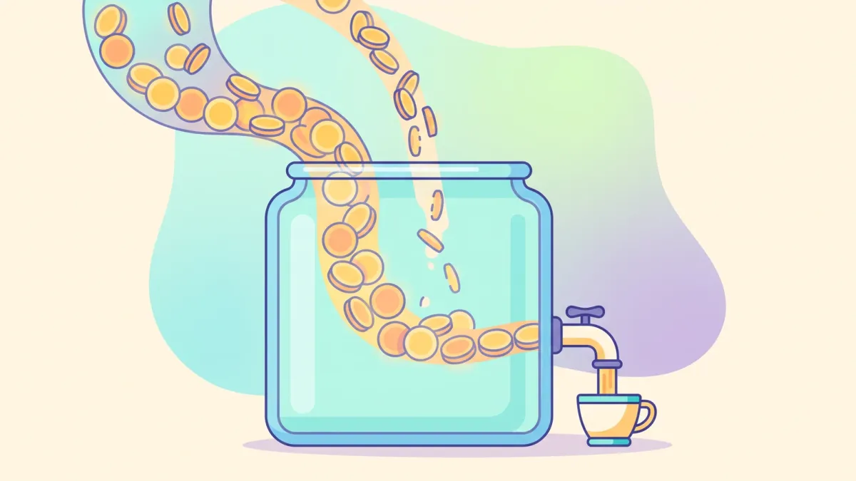 A big jar filling from three uneven streams of coins, with one steady stream flowing out of a tap into a cup