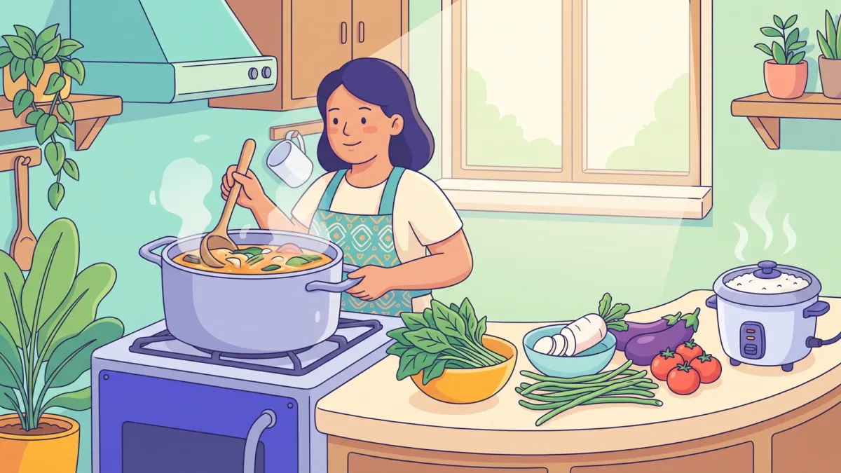 A home cook stirring sinigang on the stove with fresh vegetables and a steaming rice cooker nearby