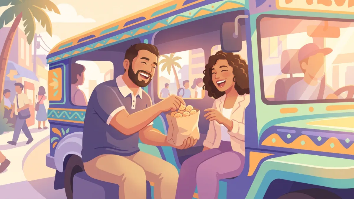 Two adult friends laughing together on a jeepney, sharing snacks, their friendship intact