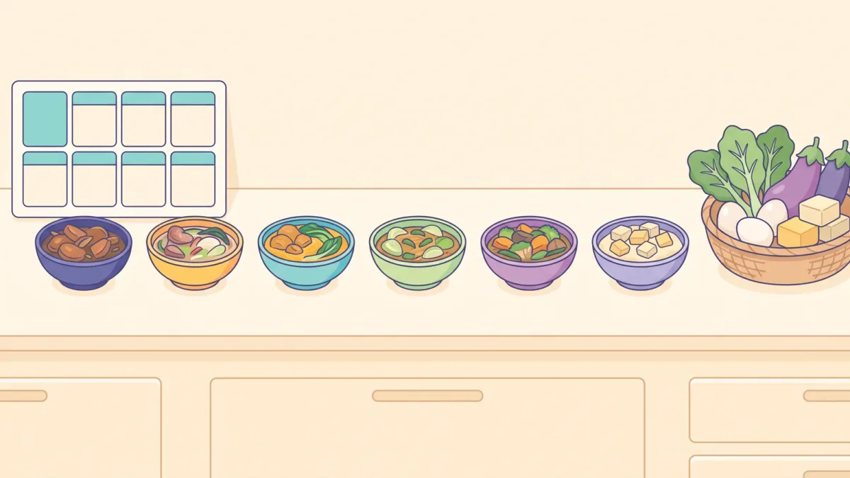 Seven bowls of different Filipino ulam lined up beside a blank weekly planner card and a basket of eggs, tofu and vegetables
