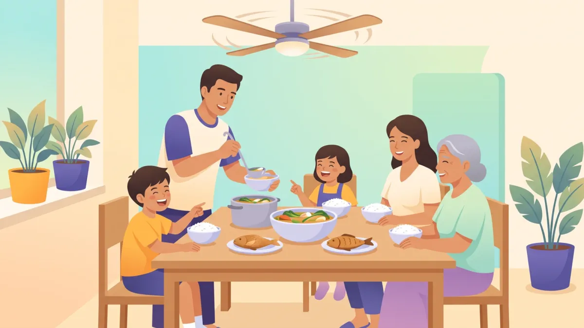 A Filipino family sharing a simple dinner of rice, sinigang and fried fish at home