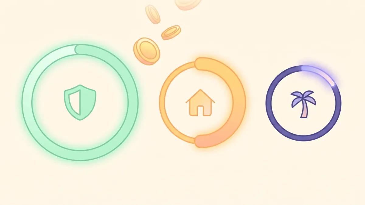 Three glowing progress rings of different fullness with shield, house and palm tree icons in the center