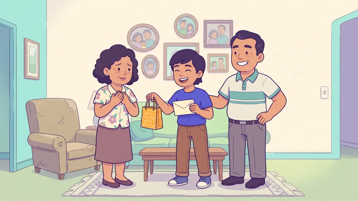 A young adult handing pasalubong and an envelope to proud, smiling parents at home