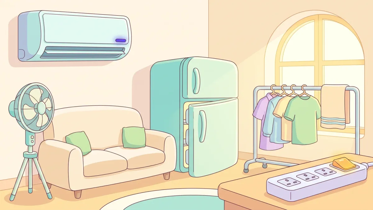 A home using energy-saving habits: an inverter aircon with the door closed, a stand fan, clothes air-drying by a window and appliances on a switched power strip