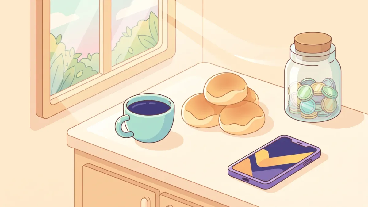 A calm morning counter with coffee, pandesal, a phone and a glass coin jar in the sunlight