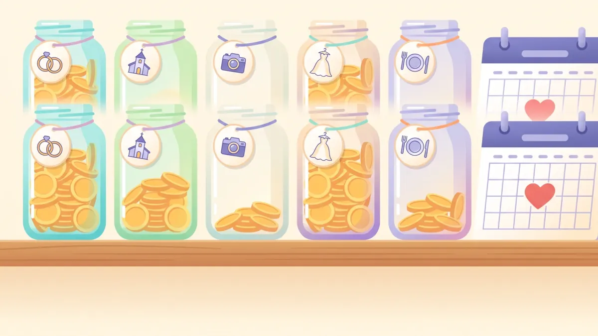 A row of savings jars tagged with rings, a church, a camera, a dress and food, filling up next to a calendar with a heart