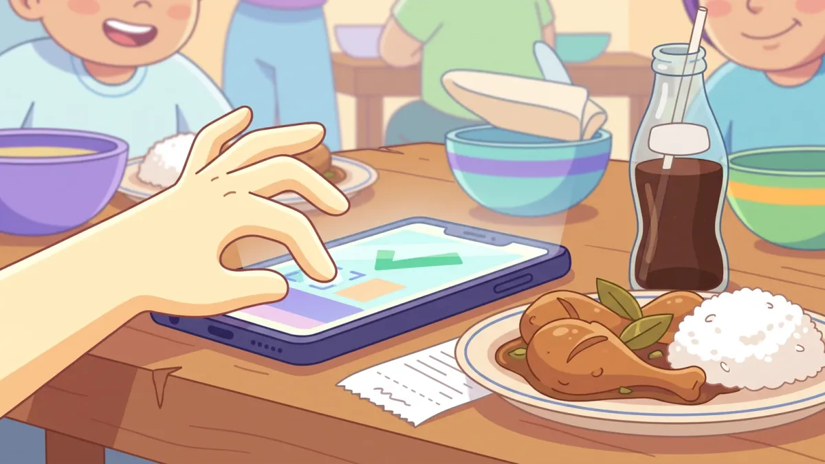 A hand logging a lunch expense on a phone at a carinderia table with adobo, rice and a receipt