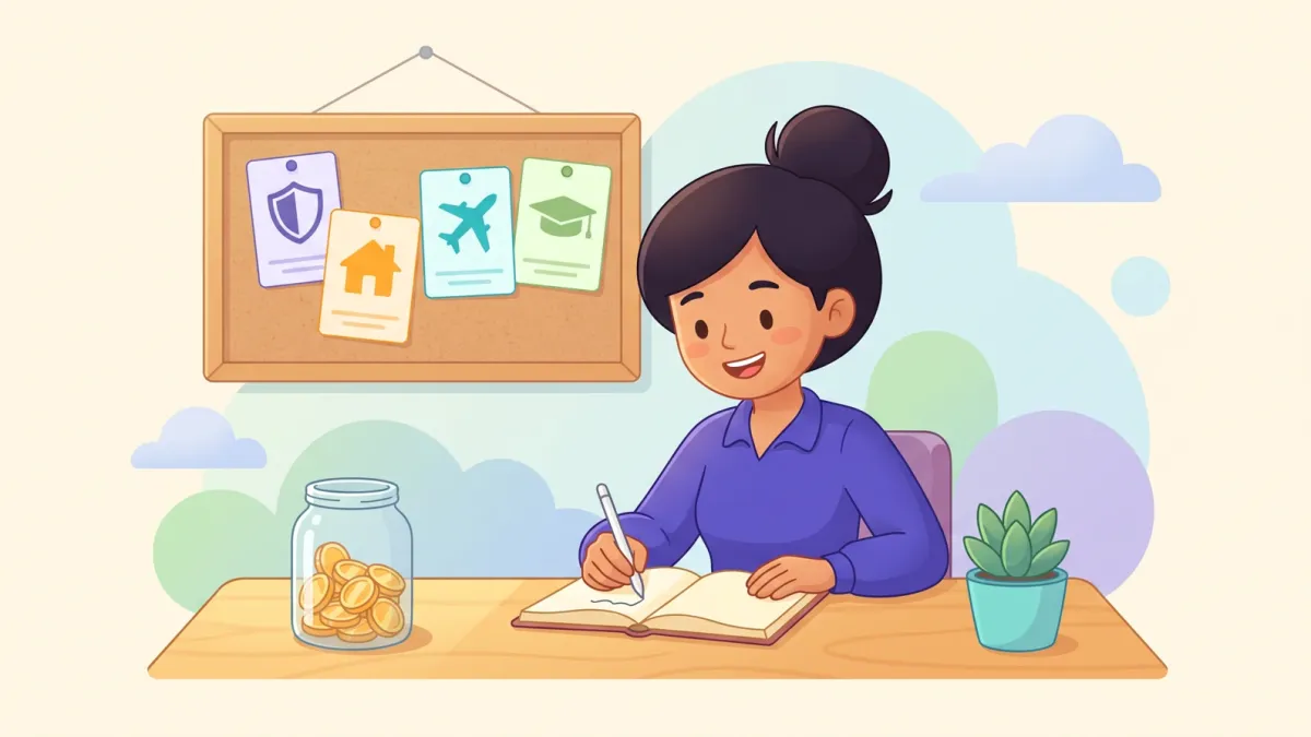 A young woman writing financial goals in a notebook under a corkboard of goal cards for safety, a house, travel and education