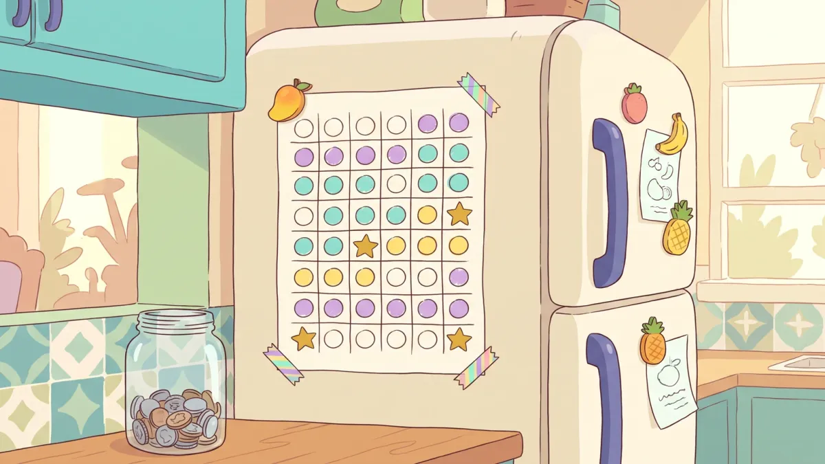 A hand-drawn savings tracker grid taped to a refrigerator door, with coloured-in circles and a coin jar below