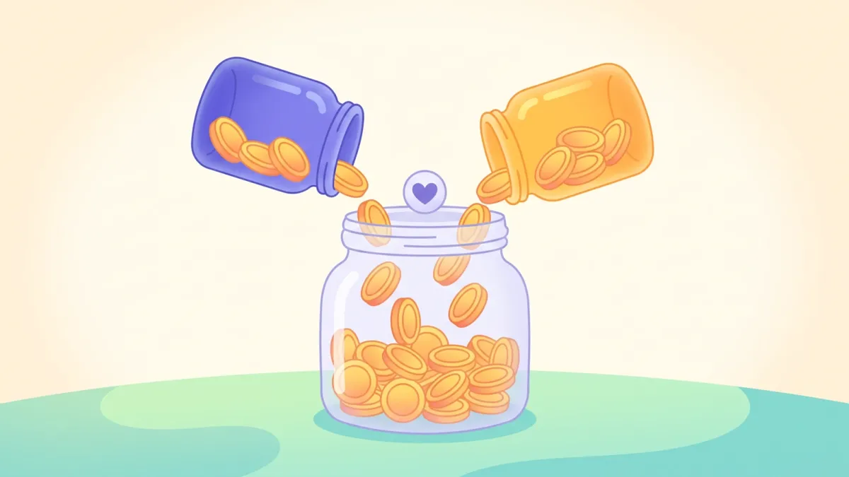 Two jars of coins, one indigo and one mango, each pouring part of their coins into a shared jar with a heart on the lid