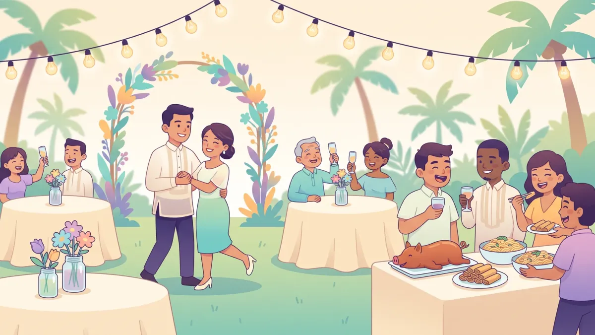 A small garden wedding reception with string lights, simple centerpieces, family, a modest buffet and the couple dancing
