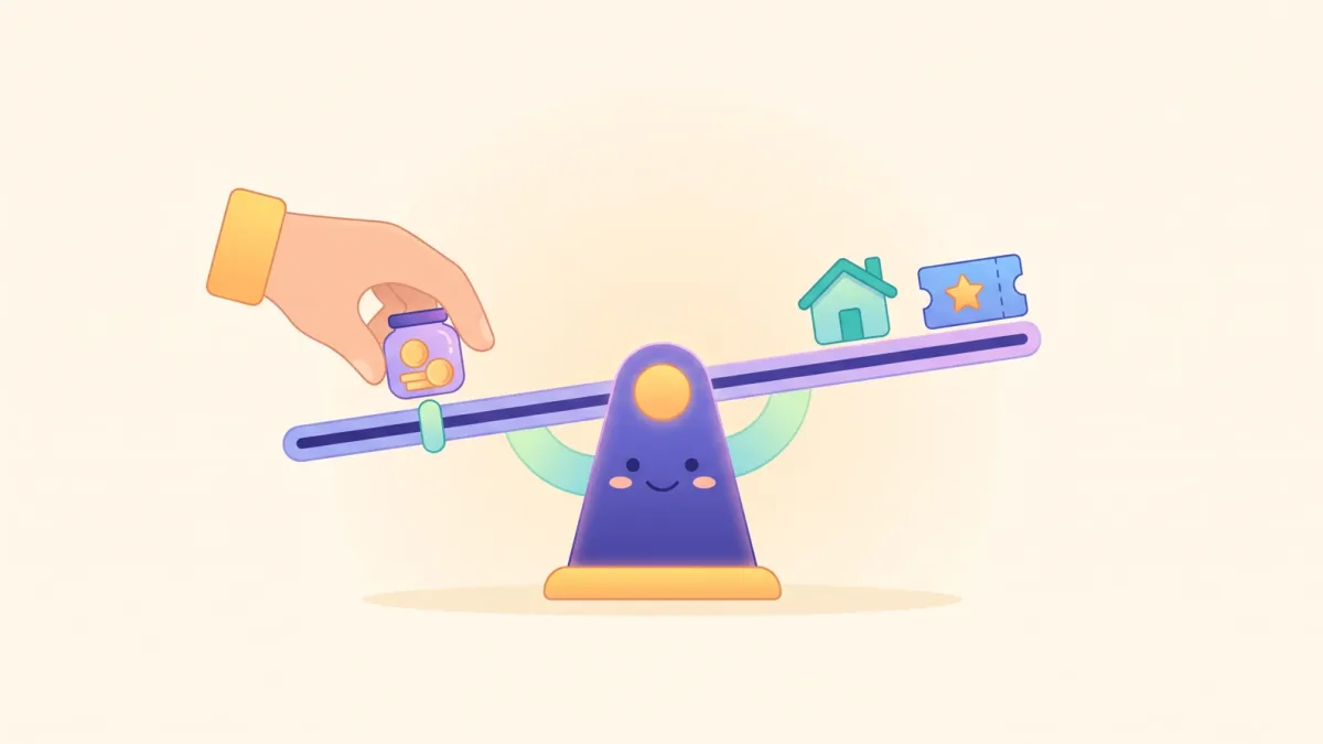 A hand sliding three weights along a balance beam to find the right budget balance