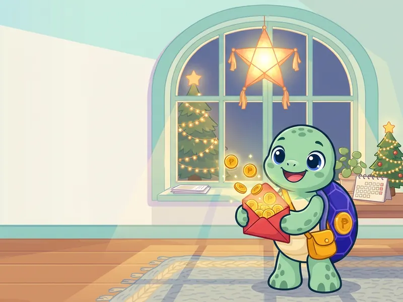 Ponpon opening a red envelope full of coins beside a glowing parol and a Christmas tree